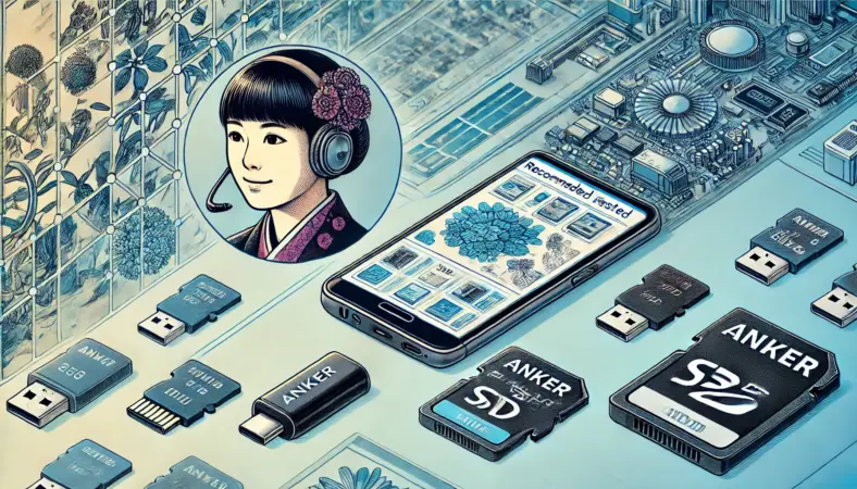 Galaxy S25にUSB-Cカードリーダーを接続して操作する日本人女性のイラスト。テーブル上にはAnker風やUGREEN風のカードリーダーとmicroSDカードが並べられており、明るく整理された現代的な作業空間が描かれている。