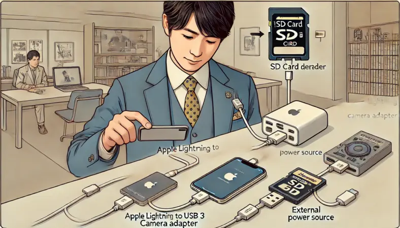 Lightning - USB 3カメラアダプタを使い、SDカードリーダーと電源を接続した安定構成でiPhoneにSDカードを読み込ませる日本人男性のイラスト。