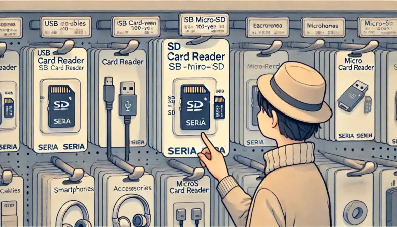 セリアのスマホアクセサリー売り場で、SDカードリーダーを手に取って確認している日本人。棚にはUSBケーブルやイヤホン、スタンドなども並び、100均での購入シーンをリアルに描いたイラスト。