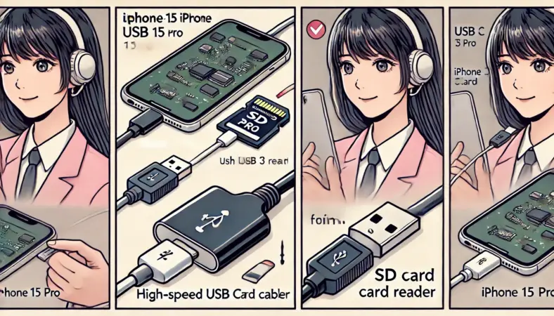 USB-Cケーブルの違いによるSDカード読み取りの成功・失敗を比較するイラスト。日本人女性が高品質なUSB 3ケーブルで高速SDカードリーダーに接続して成功する一方、細いUSB 2ケーブルでは読み取りに失敗する様子が描かれている。