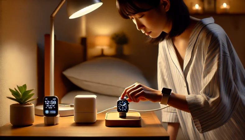 日本人女性が夜、ベッドサイドのスタンドにApple Watch SE（第3世代）を置いて充電している様子。快適な寝室と効率的な充電環境が描かれている。