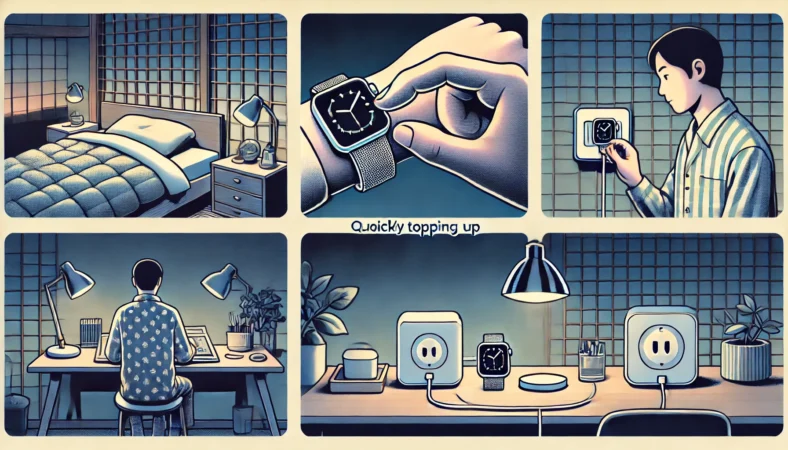 日本人男性が夕方のリビングでApple Watchのバッテリー警告を見つめて困っている様子。充電器はそばにあるが未使用で、1日持たない不便さを表現。