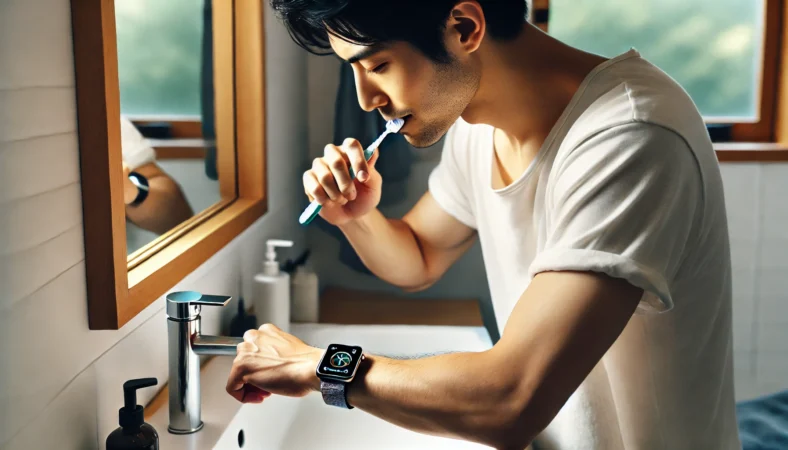 Apple Watch Series 10を身につけた日本人男性が、朝の洗面所で歯を磨きながらバッテリー残量を確認している様子。短時間の充電でも十分な運用ができることを示す。