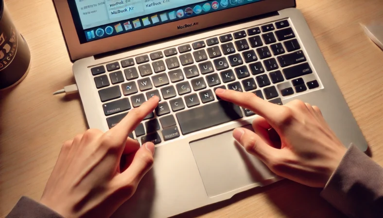 MacBook Airの左Shiftキーと右Shiftキーを探している日本人ユーザー。机に座り、キーボードの両端の⇧キーを指差しながら困惑した表情を見せている。