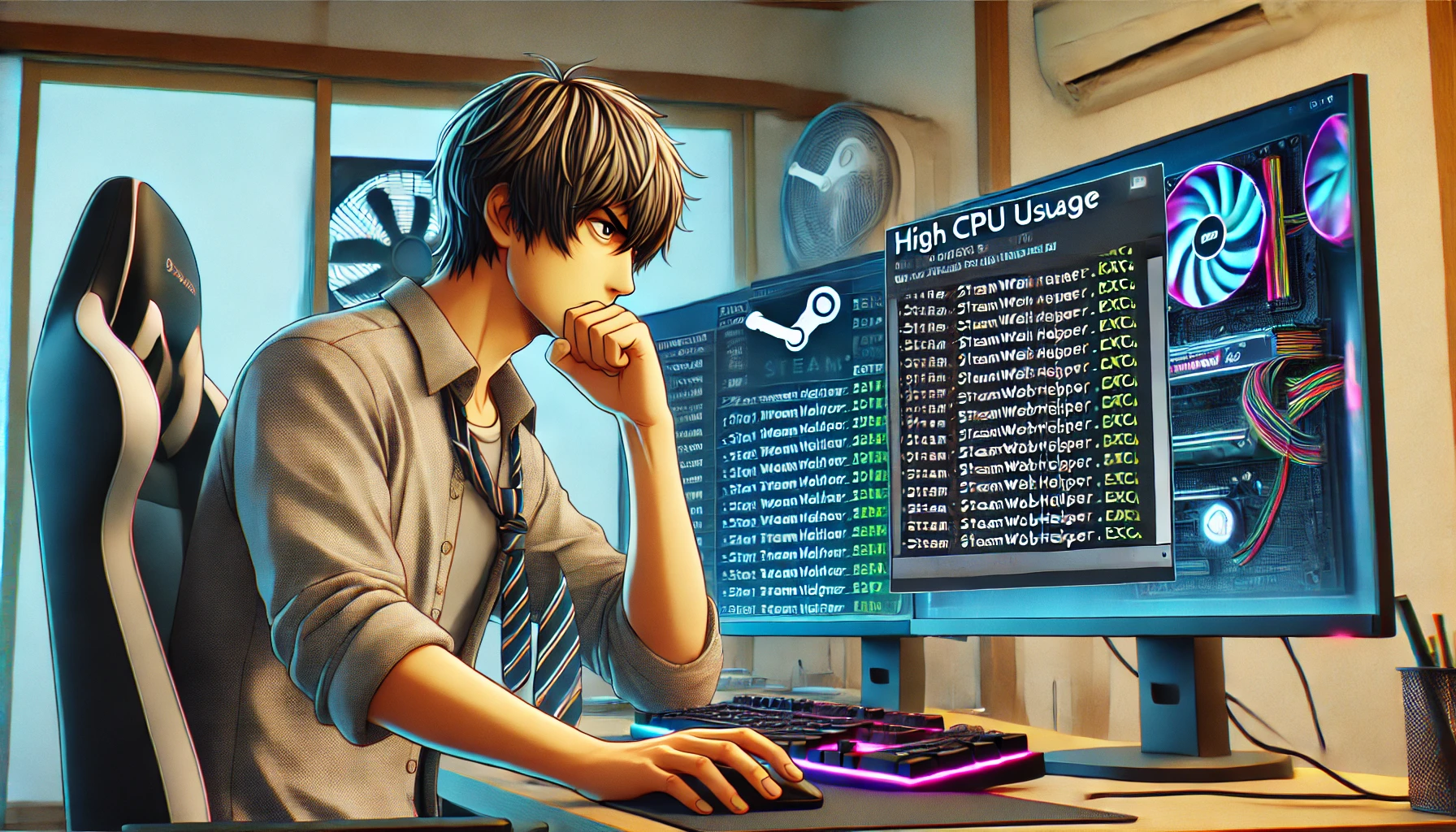 日本人男性がPCのタスクマネージャーを見て高いCPU使用率に悩む様子。背景には過熱対策のファンが稼働し、RGBライト付きのデスクトップPCがある日本の自宅オフィス。