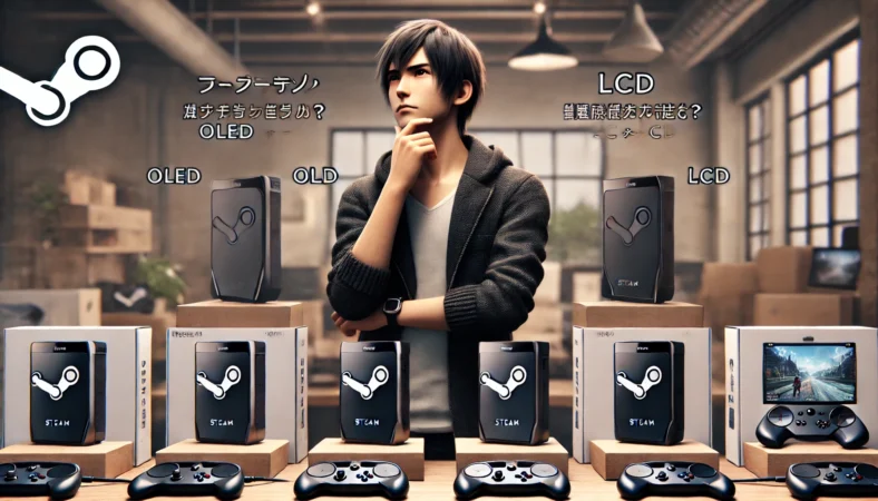 OLEDモデルとLCDモデルのSteam Deckを比較しながら、落ち着いた室内で購入判断をする日本人ユーザー。用途に合った選び方で不安を解消している様子。