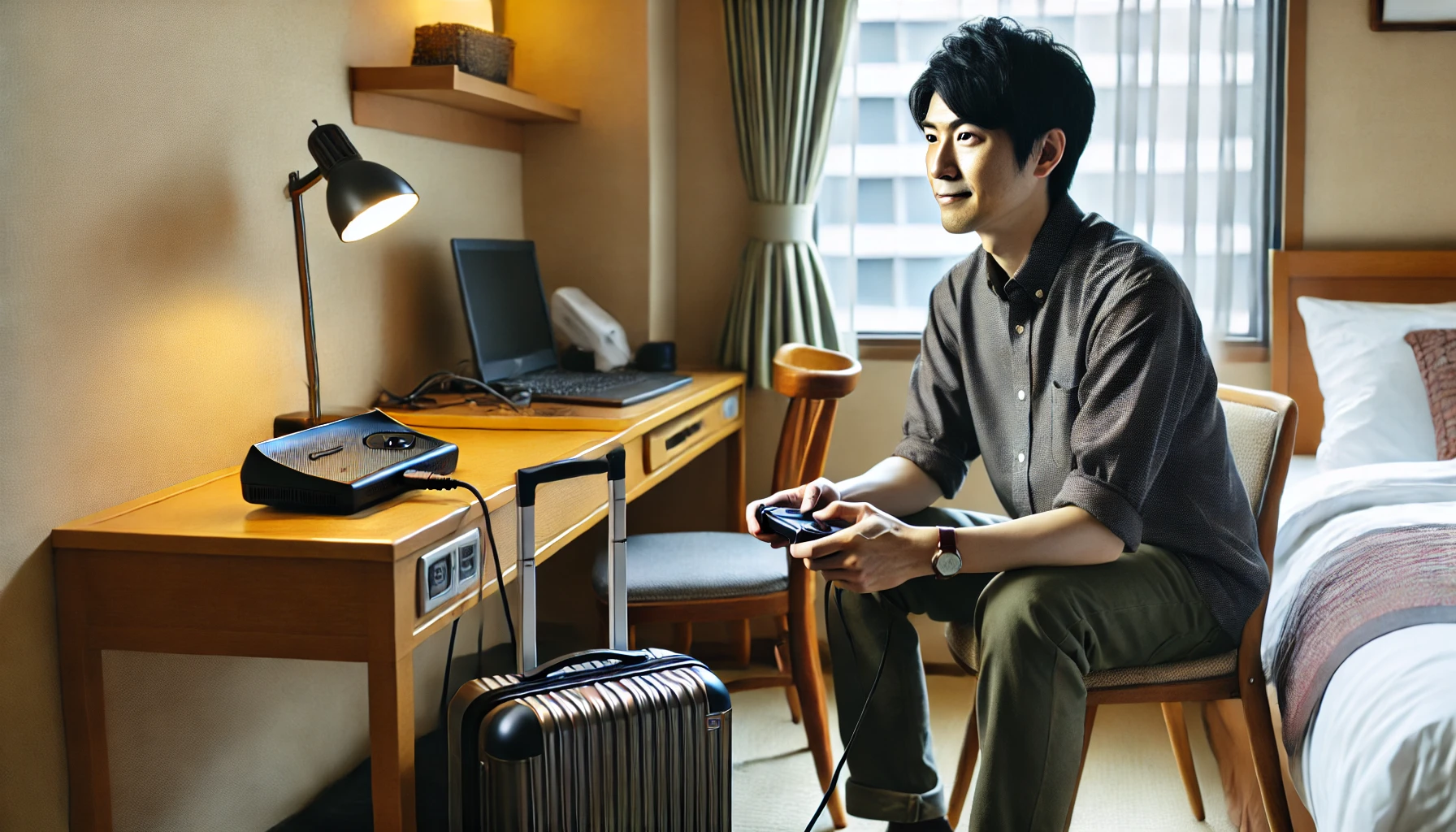 ホテルの一室でSteam Deckを操作する30代の日本人男性が、リラックスした様子でゲームを楽しんでいる。旅行先で腰を据えて使う「搬送型ポータブル」の利用シーンを表現。