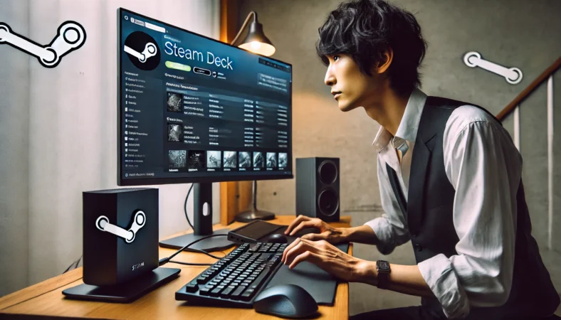 日本人男性がSteam Deckをドッキングステーションに接続し、外部モニターでSteamの実績画面を確認している様子。キーボードとマウスが接続され、静かな作業環境で検証を行っている。