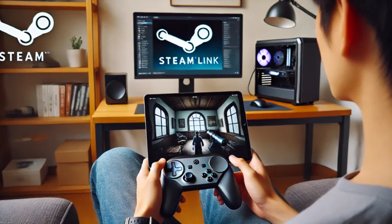自宅のモダンな部屋で、iPadとSteam Linkを使ってPCゲームをプレイしている日本人。Wi-Fiで接続されたPCが背景に映り、快適なゲーミング環境が整っている様子。