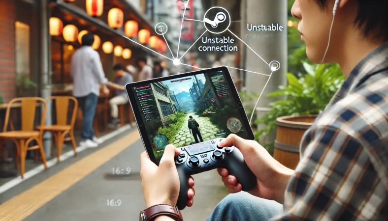 公共のカフェでSteam Linkを使ってiPadでゲームをする日本人ユーザー。iPadにはSteamのゲーム画面が表示されており、接続の不安定さを示すピクセル化やバッファリングの様子も描かれている。