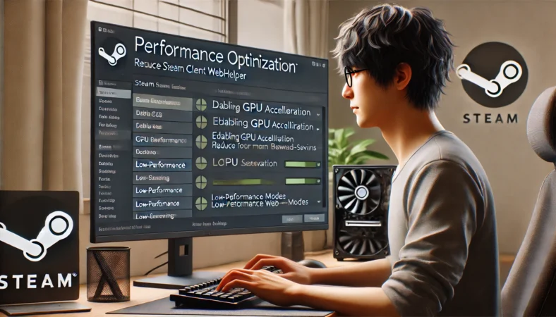 日本人ユーザーが自宅PCでSteamクライアントの設定画面を操作し、GPUアクセラレーション無効化や低パフォーマンスモードの有効化など、Steam Client Webhelperの負荷軽減を目的とした最適化設定を行っている様子。