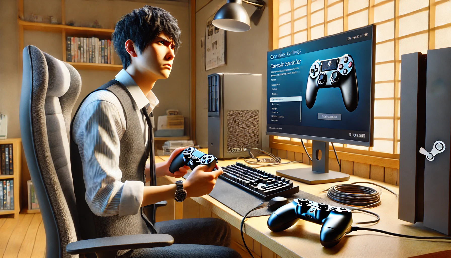 日本人男性が自宅のデスクでゲームコントローラーを手にSteamの設定画面を確認しながら困っている様子。コントローラーが認識されず、PC画面にはSteamのコントローラー設定が表示されている。