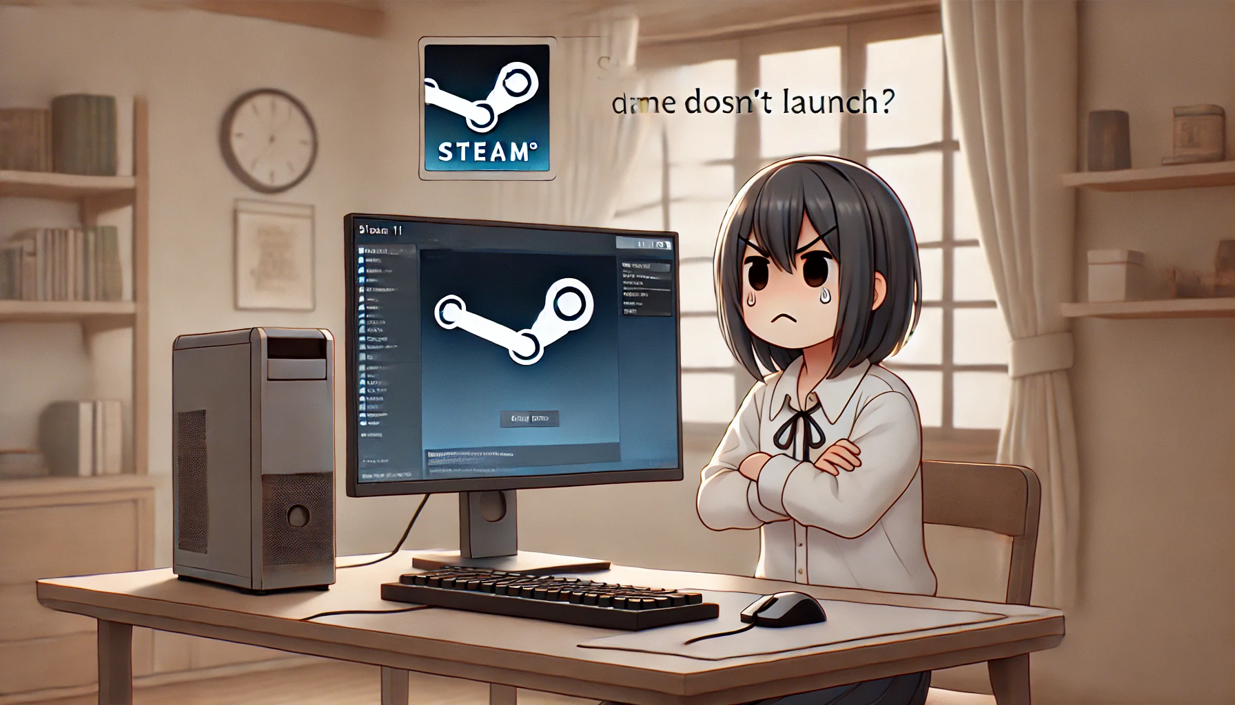 Windows11のPCでSteamゲームが起動せず、困った表情で画面を見つめる日本人ユーザーの様子を描いたイメージ