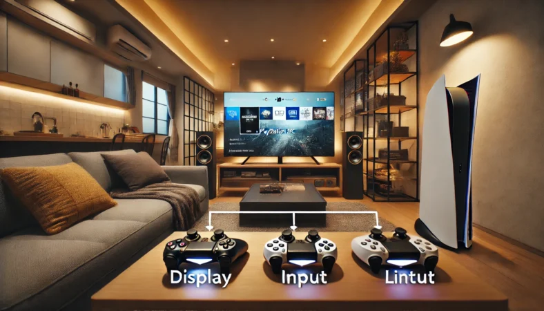 日本のモダンなリビングにおいて、ゲーミングPCがHDMIで大画面テレビに接続され、DualSenseコントローラーがテーブルに置かれている。PS5風の使用感を再現した快適なゲーム環境が整えられている。