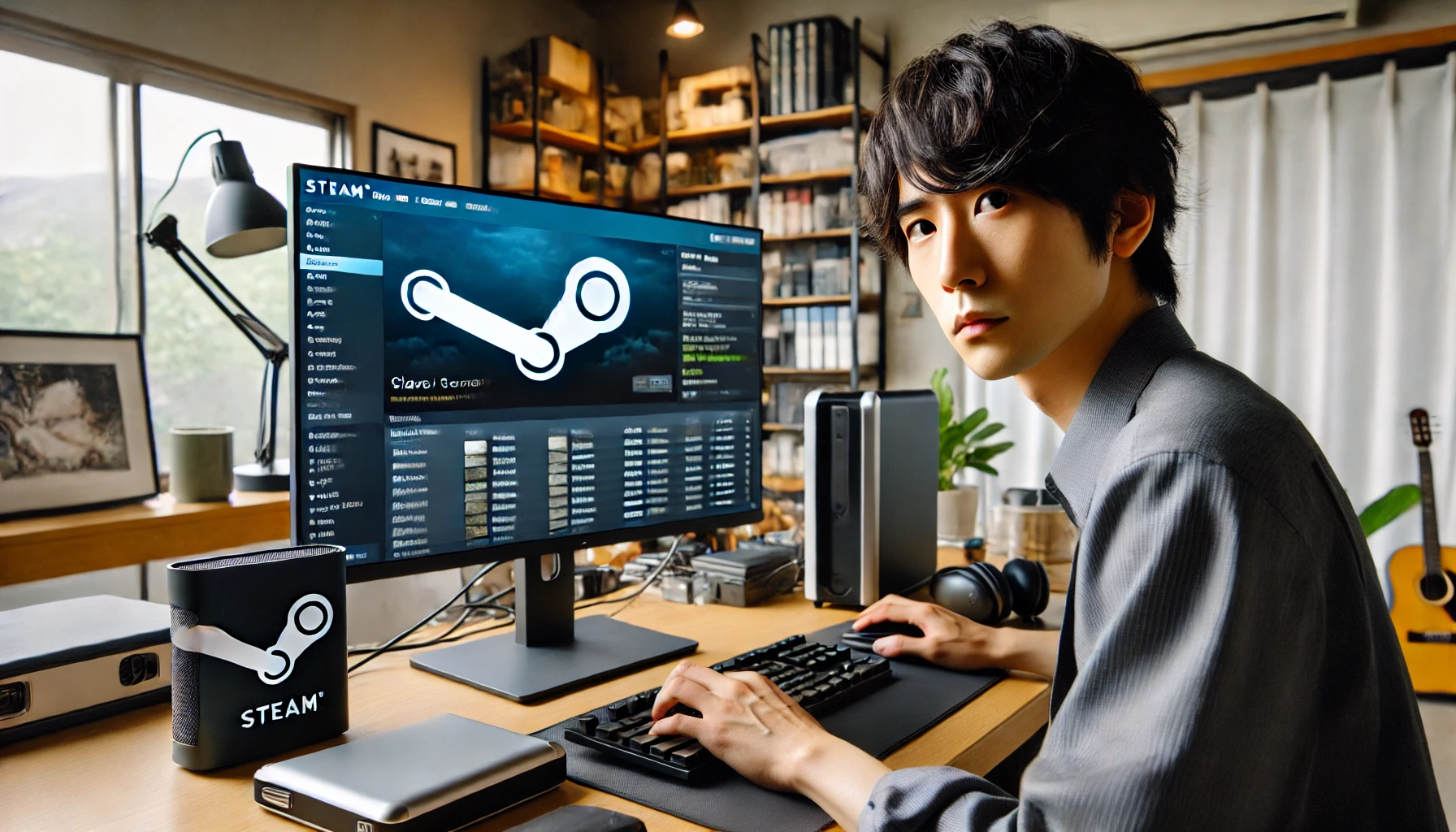 日本の自宅オフィスで、Steamのクラウドセーブ容量上限に直面しているPCユーザーが、SSDや外付けHDDを使ってバックアップ対策を考えている様子。