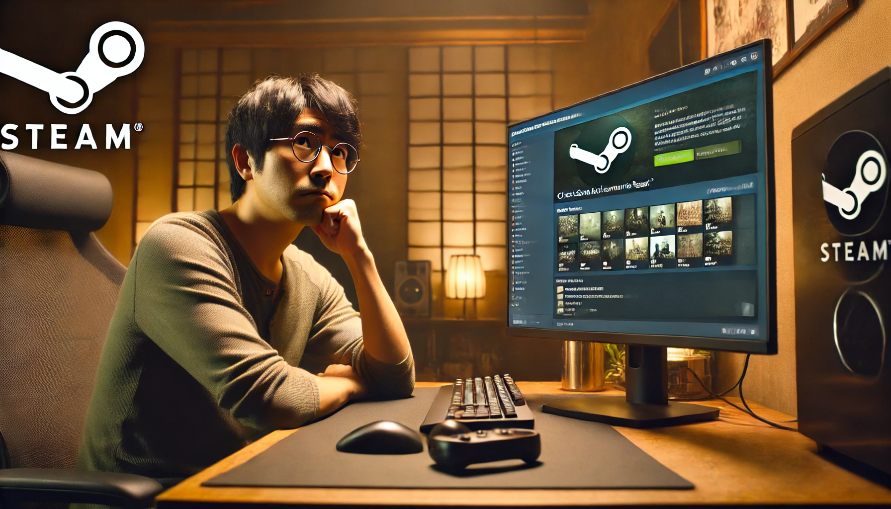 自宅のデスクでSteamクライアントを開き、ゲームの実績画面を確認している日本人男性。解除されない実績について調査している様子。