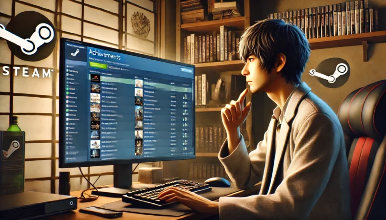 ゲーミングチェアに座ってSteamの実績画面を確認する日本人男性。実績が解除されない原因を分析している様子。