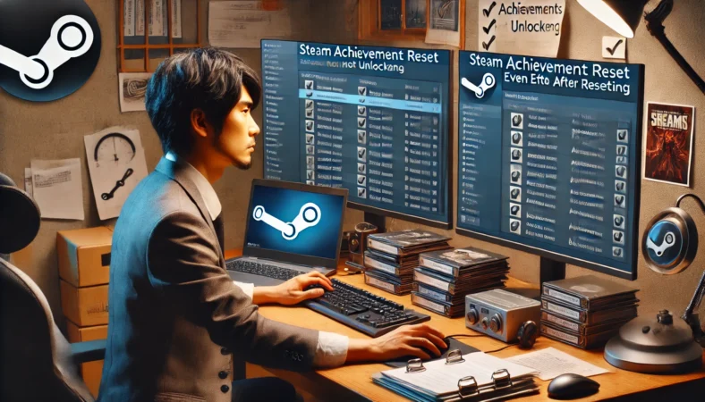 Steamクライアントやバックアップツールを並べて開き、実績リセット後の不具合を確認・対策している日本人男性。慎重に手順を進めている様子。