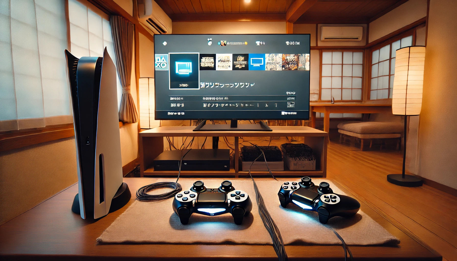 日本のリビングで、ゲーミングPCがHDMIで大画面テレビに接続され、近くにDualSenseコントローラーが置かれた環境。整った配線とソファが見え、PS5風の快適なゲームプレイ環境を再現している。