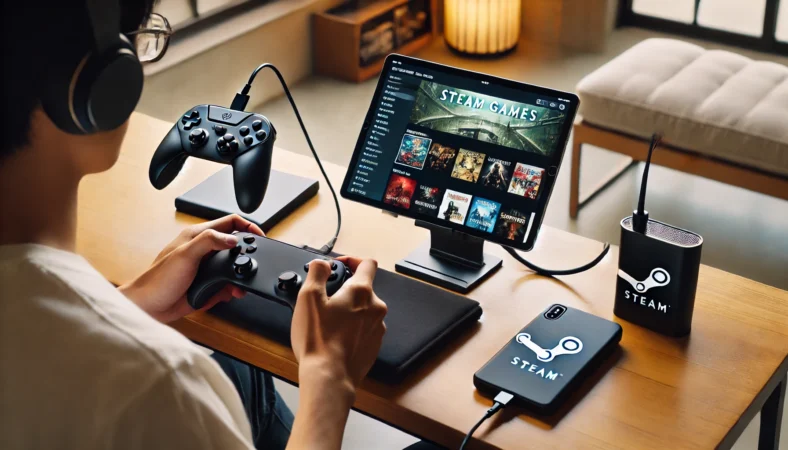 iPadでSteamゲームを快適にプレイするために、折りたたみスタンド、ワイヤレスコントローラー、モバイルバッテリーを備えた日本人ユーザーの洗練されたゲーミング環境。