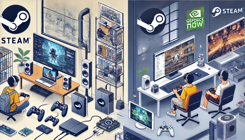 Steam LinkとGeForce NOW、iPadでSteamゲームを遊ぶ2つの方法を比較したビジュアル。左は自宅PCと接続したSteam Link、右はPC不要のGeForce NOWを使用する日本人の様子。