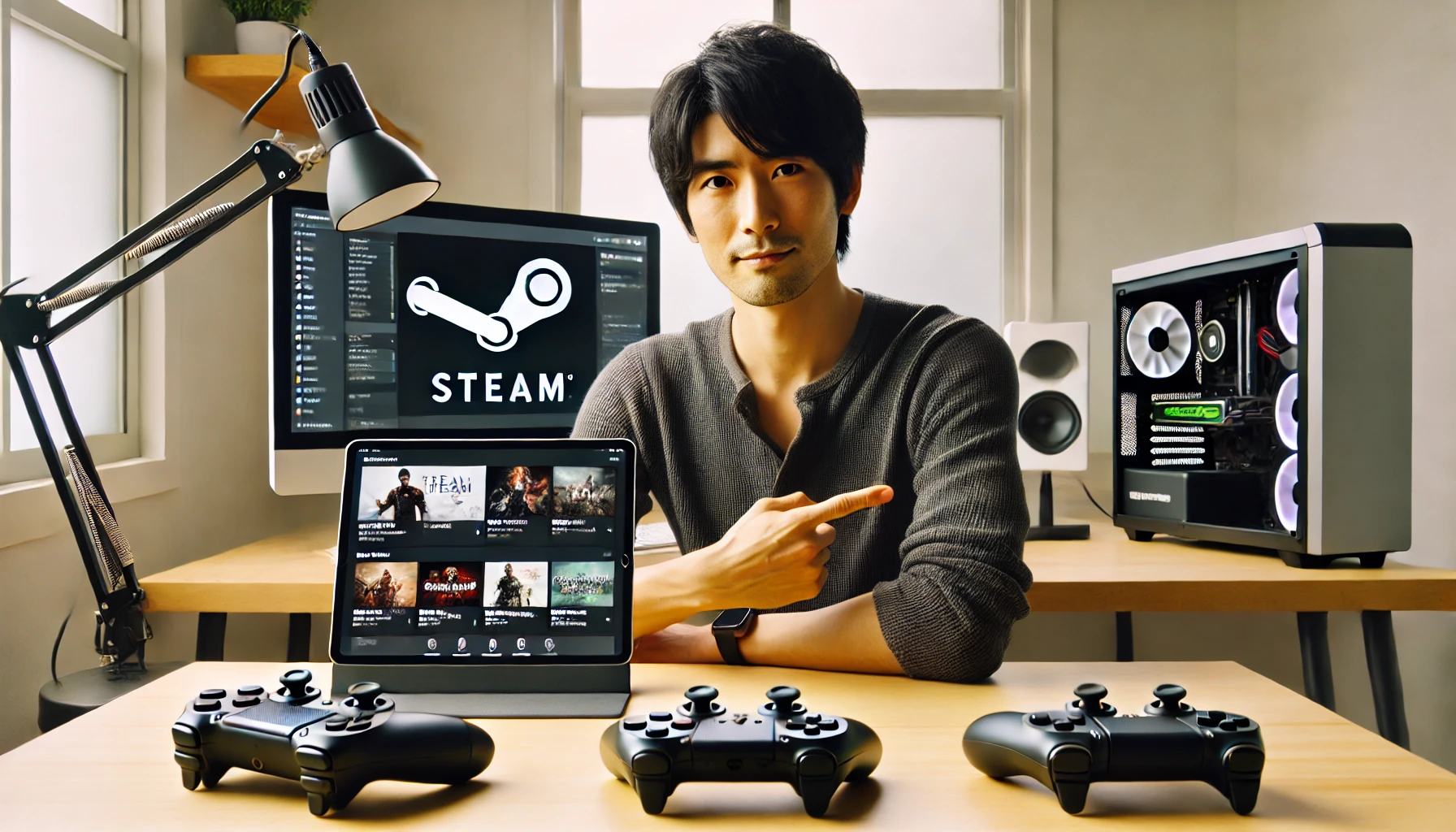 日本人のテックサポート担当者がデスクでiPadを指差しながら、SteamゲームをiPadで遊ぶ方法を説明している様子。コントローラーとPCも見えるクリーンな作業環境。