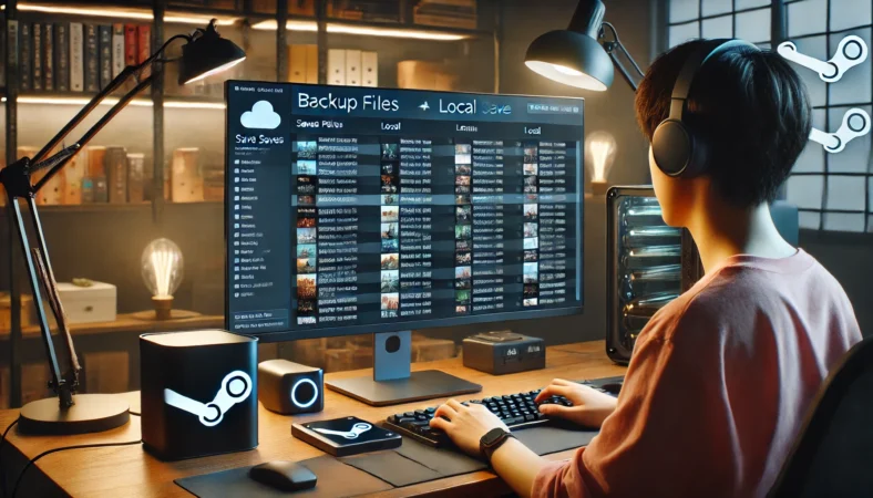 日本のPCユーザーがSteamクラウドとローカル両方にセーブデータをバックアップしている様子。画面にはクラウドとローカルのフォルダが表示され、ポータブルSSDへコピー中。