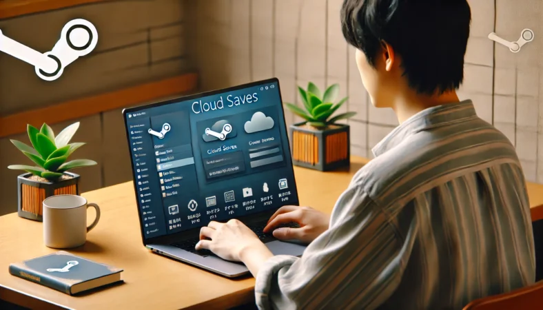 日本の自宅で、Steamのクラウドセーブと同期設定を確認しているユーザーがノートPCを操作している様子。