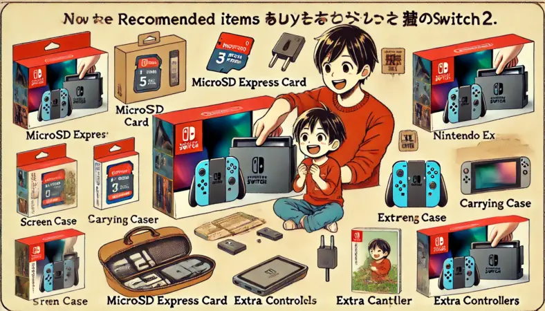 Nintendo Switch 2の開封を楽しむ日本人ユーザーが、microSD Expressカードや保護フィルム、ケース、追加コントローラー、有線LANアダプターなどの周辺機器に囲まれたイラスト。快適な環境づくりを象徴している。