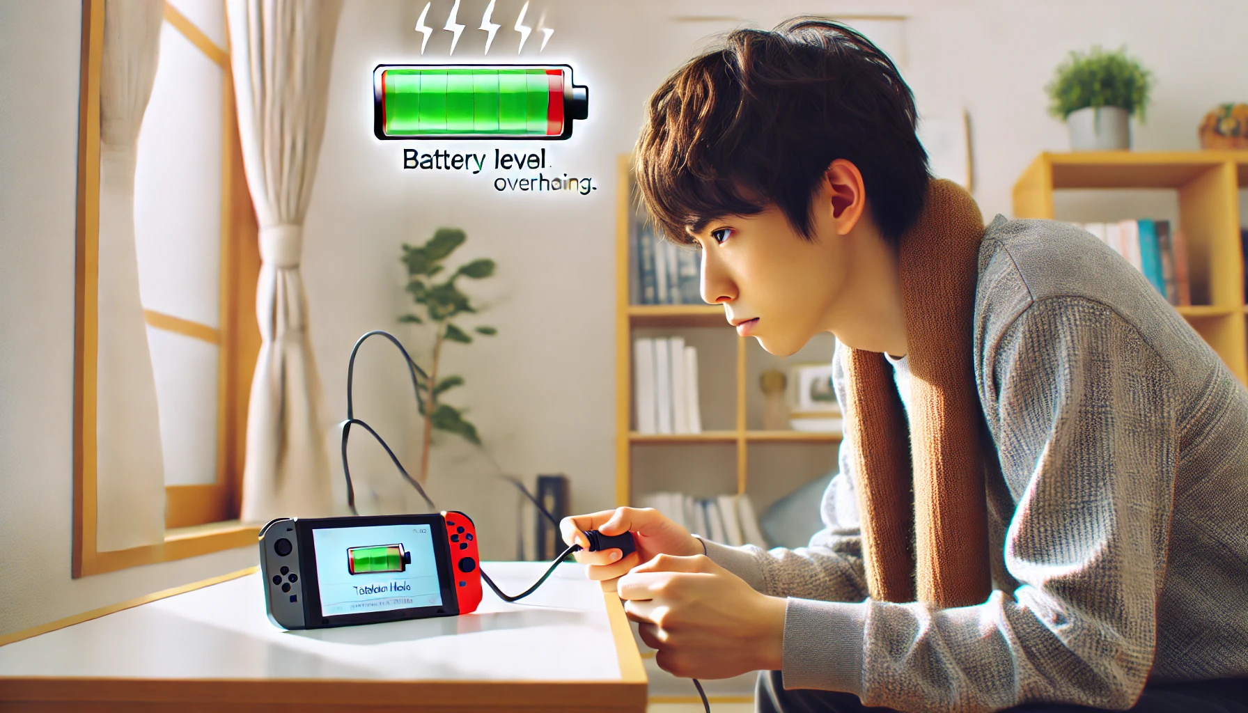 卓上モードでSwitch2を充電しながらプレイしている日本人の少年が、電池残量が減っていることに困惑している様子。机の上の本体から熱が立ち上っている。
