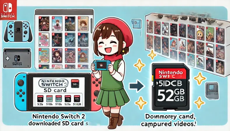 Nintendo Switch 2を使ってゲームを楽しむ日本人ユーザーと、周囲に広がるダウンロードソフトや動画のアイコン、そして輝く512GBのSDカードが描かれたイラスト。SDカード使用の快適さを示している。