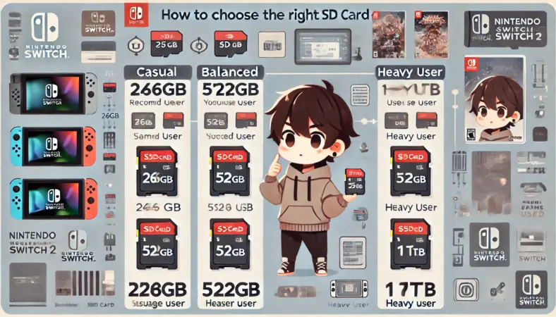 256GB・512GB・1TBのSDカードを比較しながら選んでいる日本人ユーザーのイラスト。用途別に分かれた比較チャートと、ゲーム・スクリーンショット・保存容量などのアイコンで使用タイプを視覚的に表現。