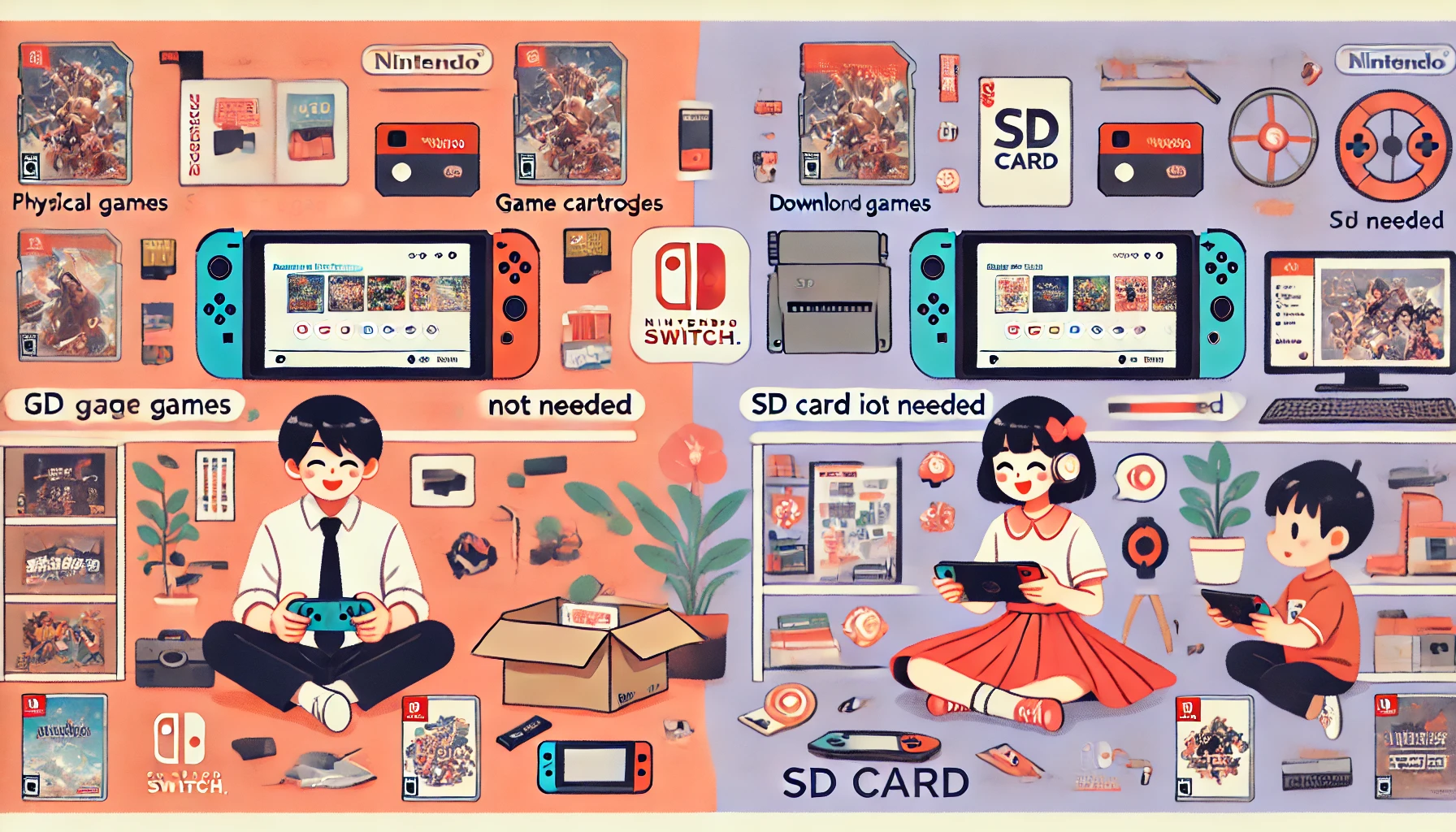 Nintendo Switch 2をプレイする2人の日本人ユーザーを対比するイラスト。左側はゲームカード中心でシンプルな遊び方の男性、右側はダウンロードや動画撮影を多用する女性で、SDカードの必要性を表現している。