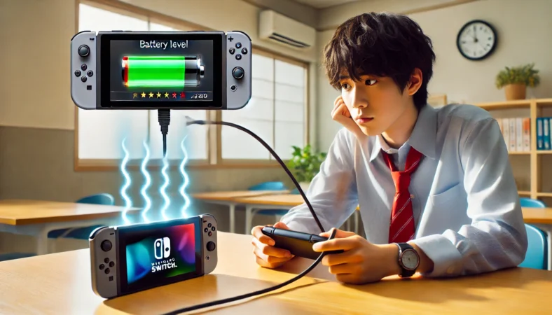 充電しながらSwitch2で遊んでいる日本人のティーンエイジャーが、画面を見ながら快適な姿勢でプレイしている様子。机の上には周辺機器が整っており、使用環境がよく整備されている。