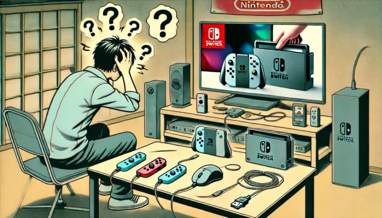 Nintendo Switchにマウスを接続しても反応せず、困惑する日本人ユーザーを描いたイラスト。机の上には複数のマウス（有線、レシーバー式、Bluetooth）が並び、TV画面には何も映っていない。典型的な和風の室内が背景。