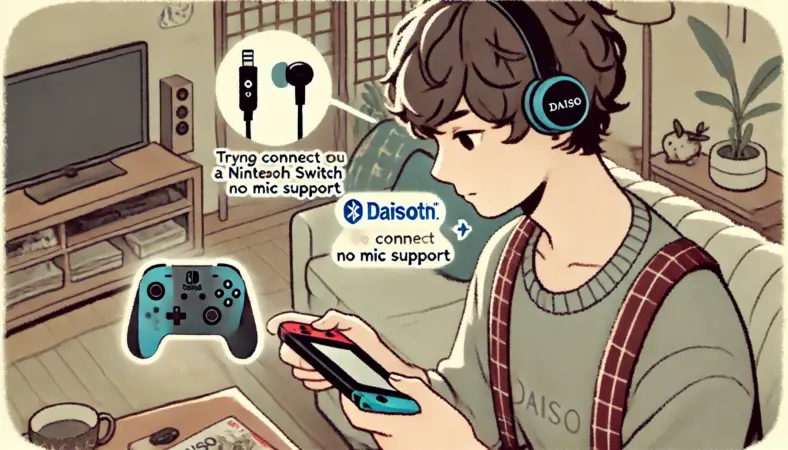 Nintendo SwitchでダイソーのBluetoothヘッドホンを接続しようとしている日本人が、設定画面を確認しながらペアリング操作を行っている様子のイラスト。ヘッドホンのLEDが点滅し、ゲーム用の制限を意識した場面。