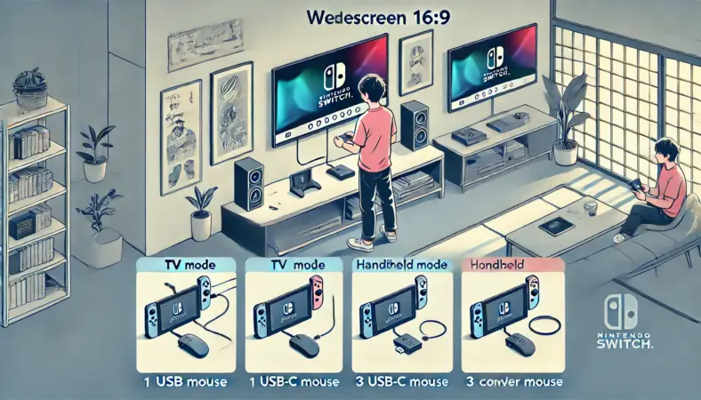 Nintendo Switchにマウスを接続する3通りの方法（TVモード＋ドック＋USB、有線ハブを使った携帯モード、コンバーター経由）を実演する日本人ユーザーのイラスト。現代的な和風室内で、各接続スタイルが明確に描かれている。