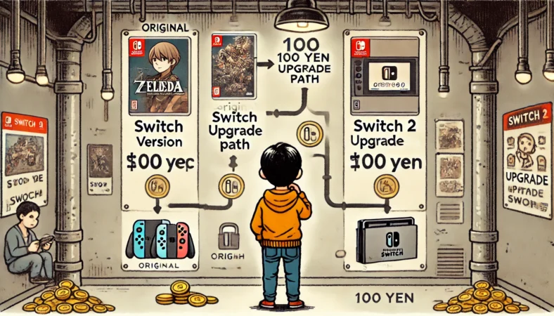 Switch版からSwitch 2 Editionへのアップグレードを検討する日本人プレイヤーのイラスト。画面には価格比較のイメージが表示され、背景にはコインや財布、旧型と新型Switchをつなぐ流れが描かれており、アップグレードと価格判断の様子を表現している。