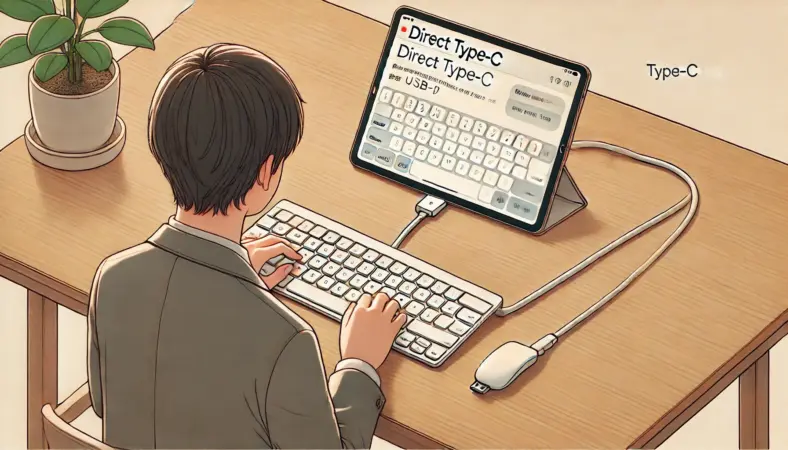 iPadと有線キーボードがUSB-Cケーブルで直接接続され、アダプターやハブを使わずにシンプルに運用されている日本人ユーザーのイラスト。整ったデスク環境で、快適な作業スタイルを表現。