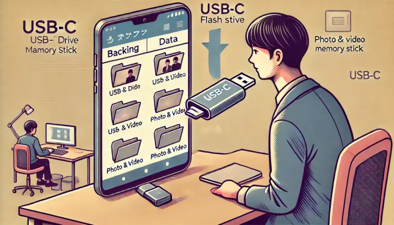 日本人ユーザーがUSB-CメモリをAndroidスマートフォンに接続し、写真や動画などのデータをファイルマネージャーでコピーしてバックアップしている様子。デスク上で落ち着いた雰囲気の中、安全かつ迅速にデータを退避している場面。