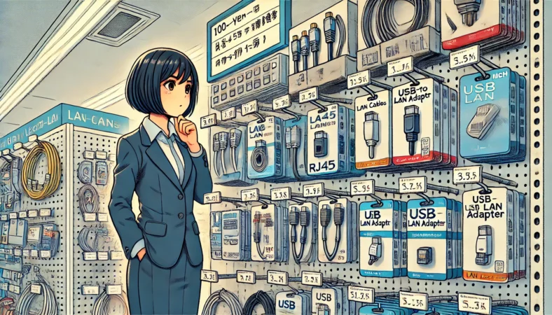 日本の100円ショップで、LANケーブルや中継コネクタを確認するも、USB LANアダプタが見つからずがっかりする20代の日本人女性。整然とした棚に変換アダプタはない。