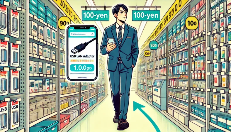 100円ショップの店内を素通りしながら、スマートフォンでUSB LANアダプタを検索している30代の日本人男性。効率的な購入ルートを選んでいる様子。