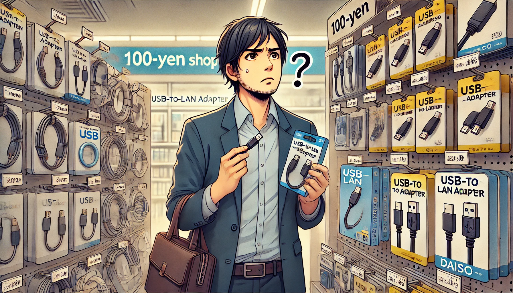 日本の100円ショップの電子機器売り場で、USB LANアダプタを探して困惑する30代の日本人男性。棚にはLANケーブルやケーブルタイが並んでいるが、目的のアダプタは見当たらない。
