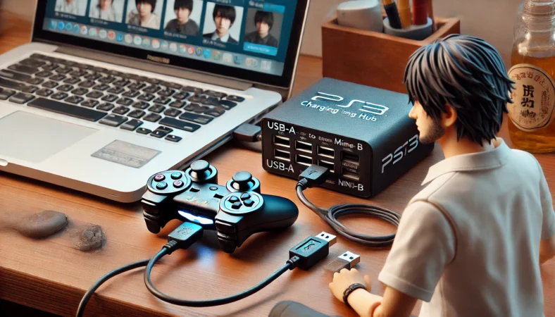 日本の家庭内で、PS3コントローラーをUSB-A to mini-Bケーブルで充電ハブに接続している場面。USBポートが通電中であることが分かり、接続を確認する日本人男性がいる。