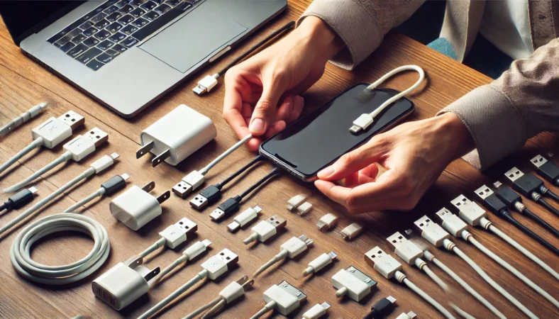 木製デスクの上に広げられたUSB-A to C、USB-C to Cなど複数のケーブルと充電器を、日本人の手元で確認している場面。iPhone16も横に置かれ、正しい組み合わせの確認作業を表現している。