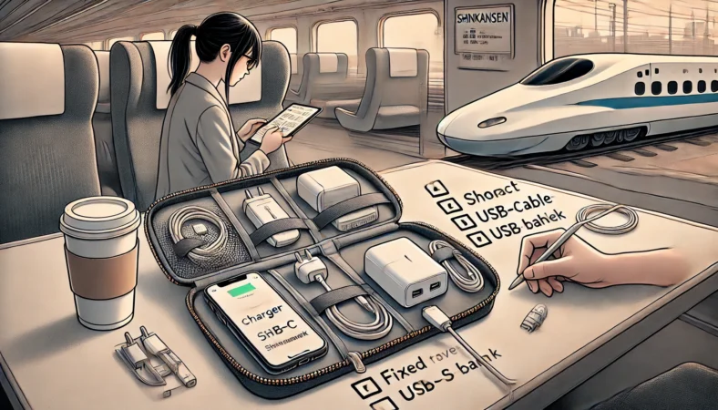 新幹線に乗る前、日本人の旅行者が小型ポーチの中に短いUSBケーブル、PD対応充電器、ケーブル内蔵モバイルバッテリーを整理している様子のイラスト。USBケーブル忘れを防ぐ工夫が視覚的に描かれている。