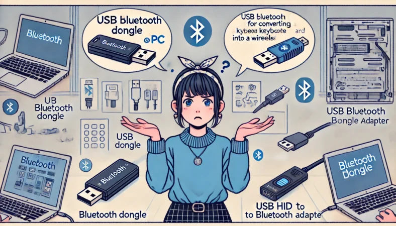USB BluetoothドングルとUSB HID→Bluetooth変換アダプタの違いに困惑する日本人女性のイラスト。両手に2つのデバイスを持ち、それぞれの正しい用途がビジュアルで対比されている。