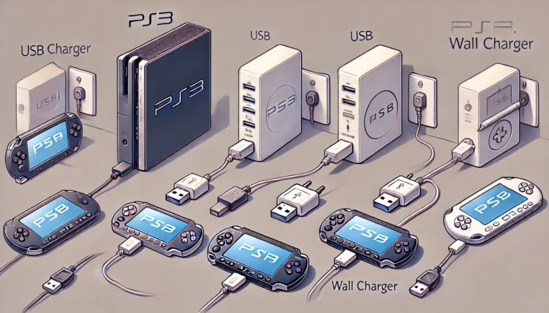 PSPをPS3のUSBポートとUSB充電器の両方に接続し、充電の安定性を比較するシーン。PS3では不安定、USB充電器では安定している様子が描かれているイラスト。