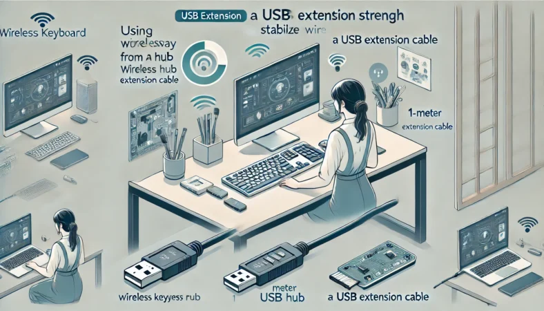 USB延長ケーブルを使ってワイヤレスレシーバーの設置位置を改善し、信号干渉を回避する日本人女性の作業風景を描いたイラスト。受信機をUSBハブから離して接続し、電波状況の安定が視覚的に表現されている。
