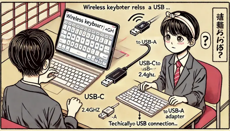 iPadとキーボードを接続するための3つの最小USB構成(USB-C直結、USB-C→USB-A変換、Lightning→USB変換)を並列に比較したイラスト。シンプルな配線のみで構成され、視覚的に分かりやすく最小セットを伝える。